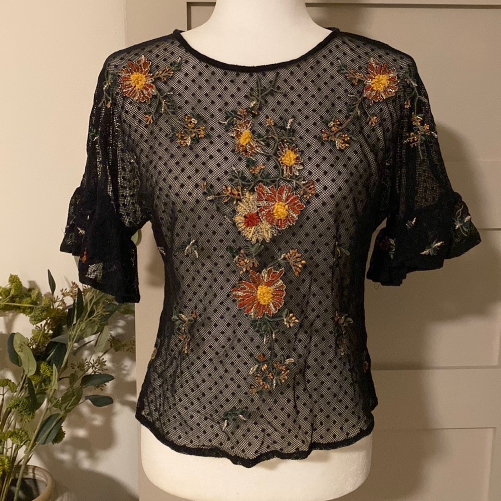 Maeve Swiss Dot Floral Embellished Blouse